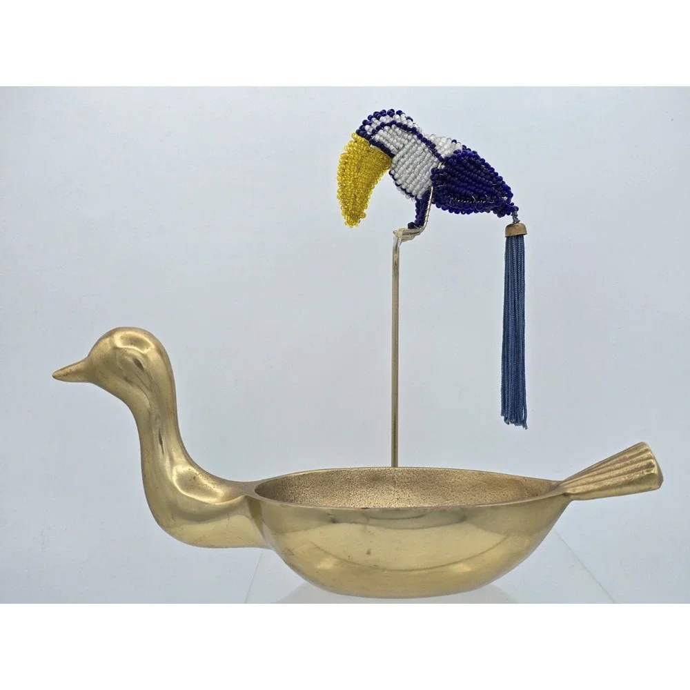 2 Lot of Decorative Finely Beaded Tucan On Stand & Shiny Brass Duck Decor Bowl